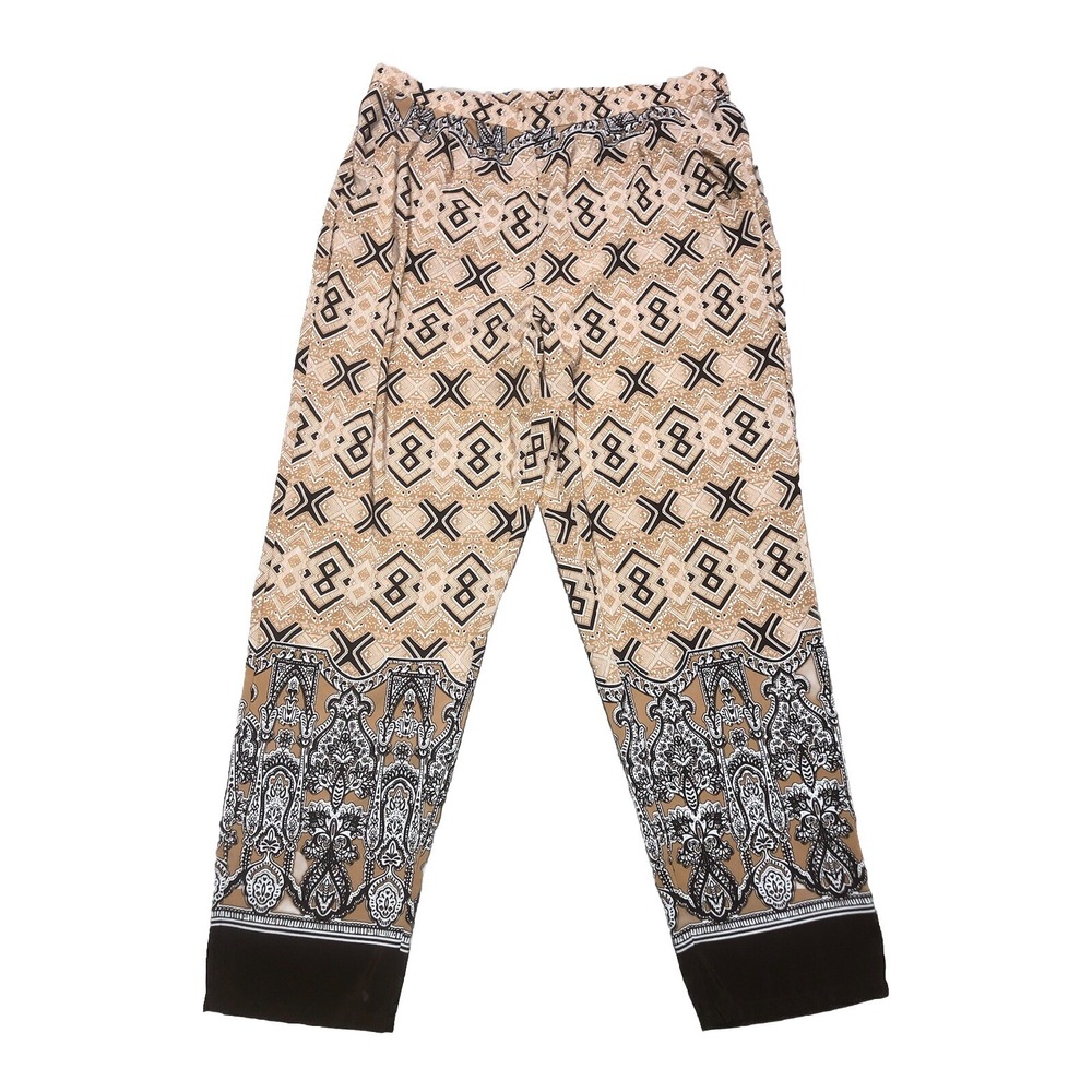 Ellen Tracy Pants L Brown Straight Leg Cashew Multi Print Boho Beach